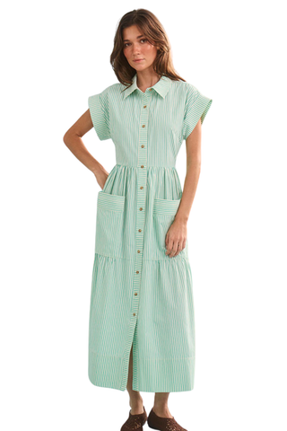 Hunter Bell Sarah Dress in Saltwater Stripe featuring mint and white vertical stripes, flutter sleeves, front patch pockets, and a relaxed button-front midi silhouette