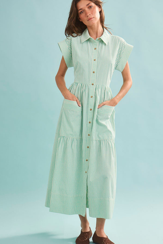 Hunter Bell Sarah Dress in Saltwater Stripe featuring mint and white vertical stripes, flutter sleeves, front patch pockets, and a relaxed button-front midi silhouette