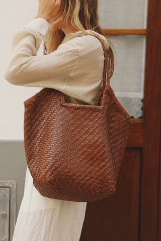Bembien Selene Tote in sienna large handwoven leather tote with braided straps and geometric cut-out detail