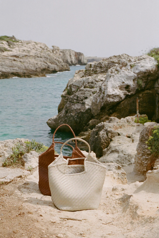 Bembien Selene Tote in sienna large handwoven leather tote with braided straps and geometric cut-out detail
