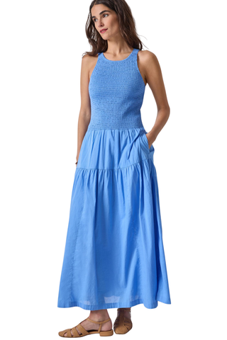 Lilla P Smocked Bodice Maxi Dress in Ultramarine with smocked bodice, sleeveless silhouette, and tiered maxi skirt