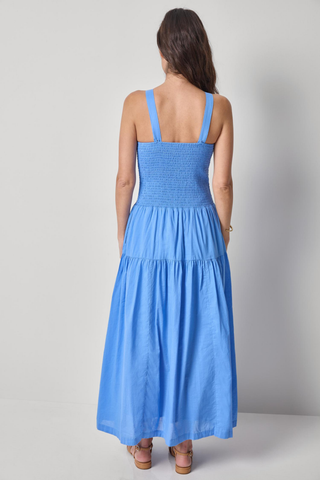 Lilla P Smocked Bodice Maxi Dress in Ultramarine with smocked bodice, sleeveless silhouette, and tiered maxi skirt