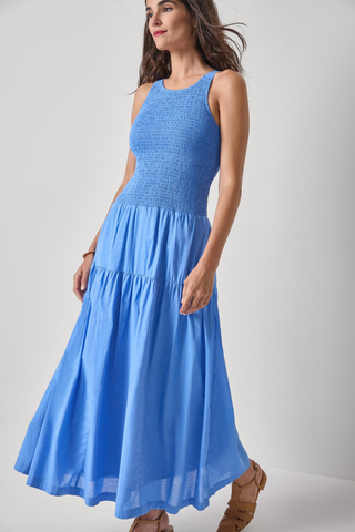 Lilla P Smocked Bodice Maxi Dress in Ultramarine with smocked bodice, sleeveless silhouette, and tiered maxi skirt