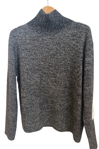 White + Warren Cashmere Oversized Standneck sweater in Black and Natural Heather Marl featuring a relaxed fit and high stand neckline.