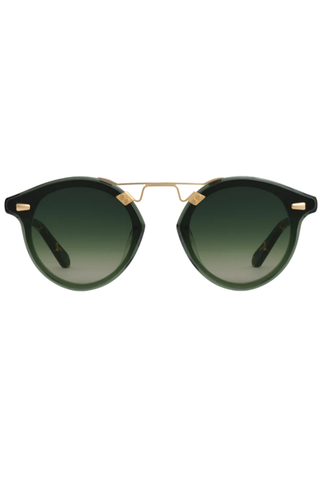 KREWE STL Nylon Sunglasses in Bottle Green + Zulu 18K featuring oversized rounded green acetate frames, gradient nylon lenses, and gold-plated hardware