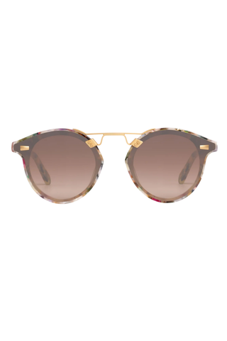 Krewe STL Nylon Sunglasses in Gelato with oversized rounded acetate frames, gold hardware, and amber mirrored lenses