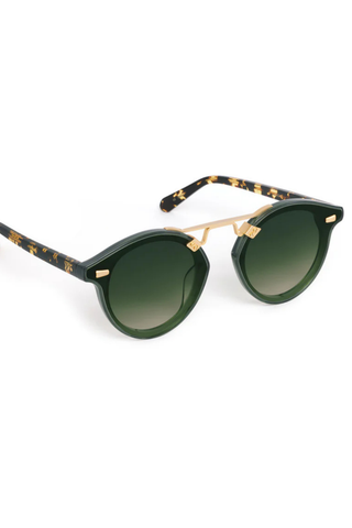 KREWE STL Nylon Sunglasses in Bottle Green + Zulu 18K featuring oversized rounded green acetate frames, gradient nylon lenses, and gold-plated hardware