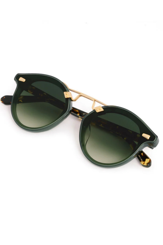 KREWE STL Nylon Sunglasses in Bottle Green + Zulu 18K featuring oversized rounded green acetate frames, gradient nylon lenses, and gold-plated hardware