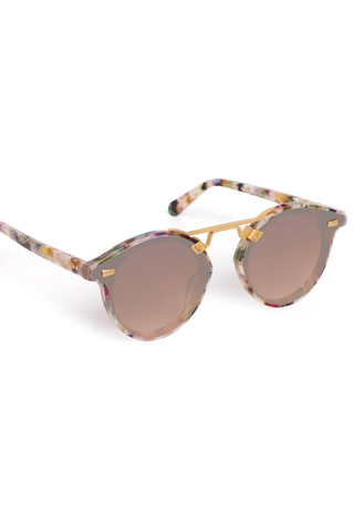 Krewe STL Nylon Sunglasses in Gelato with oversized rounded acetate frames, gold hardware, and amber mirrored lenses