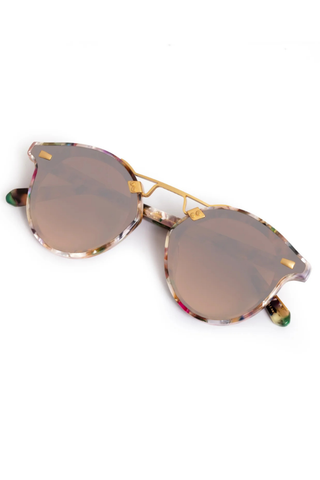 Krewe STL Nylon Sunglasses in Gelato with oversized rounded acetate frames, gold hardware, and amber mirrored lenses