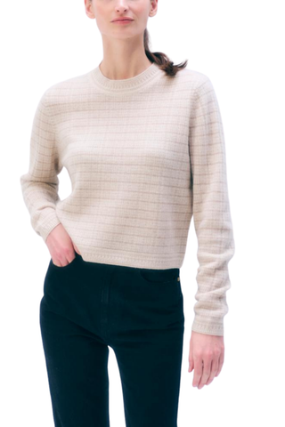 White + Warren Cashmere Striped Thermal sweater in Natural Heather featuring subtle tonal stripes, a crew neckline, and long sleeves.