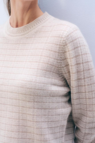 White + Warren Cashmere Striped Thermal sweater in Natural Heather featuring subtle tonal stripes, a crew neckline, and long sleeves.