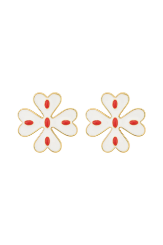 Gold floral stud earrings with ivory enamel petals and coral accents by Asha by ADM