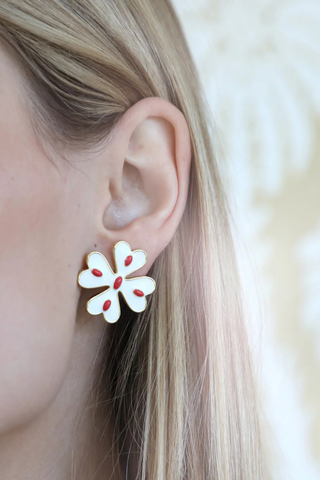 Gold floral stud earrings with ivory enamel petals and coral accents by Asha by ADM