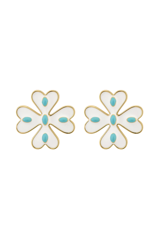 Gold floral stud earrings with ivory enamel petals and turquoise accents by Asha by ADM