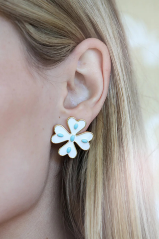Gold floral stud earrings with ivory enamel petals and turquoise accents by Asha by ADM