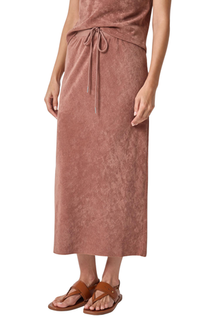 Lilla P Terry Bias Skirt in Bark with soft textured terry fabric and relaxed midi silhouette