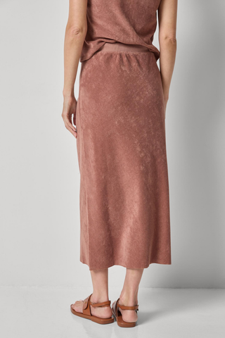 Lilla P Terry Bias Skirt in Bark with soft textured terry fabric and relaxed midi silhouette