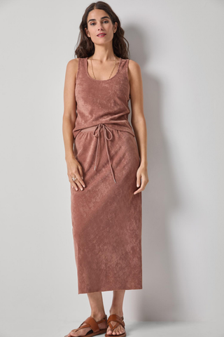 Lilla P Terry Bias Skirt in Bark with soft textured terry fabric and relaxed midi silhouette