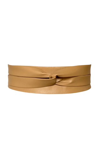 ADA Collection caramel wrap leather belt styled tied at the waist over printed blue dress