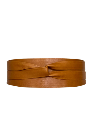 ADA Collection cognac wrap leather belt styled tied at the waist