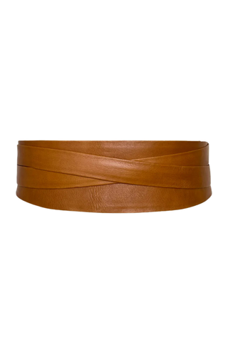 ADA Collection cognac wrap leather belt styled tied at the waist