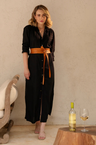 ADA Collection cognac wrap leather belt styled tied at the waist