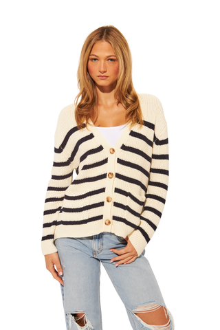JOHN & JENN Zayn Sweater Marine cream cardigan with navy stripes and button front Monkee's of the West End