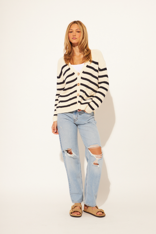 JOHN & JENN Zayn Sweater Marine cream cardigan with navy stripes and button front Monkee's of the West End